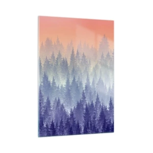Glasbild - Bild auf glas - Geheimnisvoller Nadelwald in Pastelltönen des Morgens - 50x70cm - Hoch, höher, zum Himmel - Moderne Wanddekoration für Wohnzimmer und Schlafzimmer ARTTOR