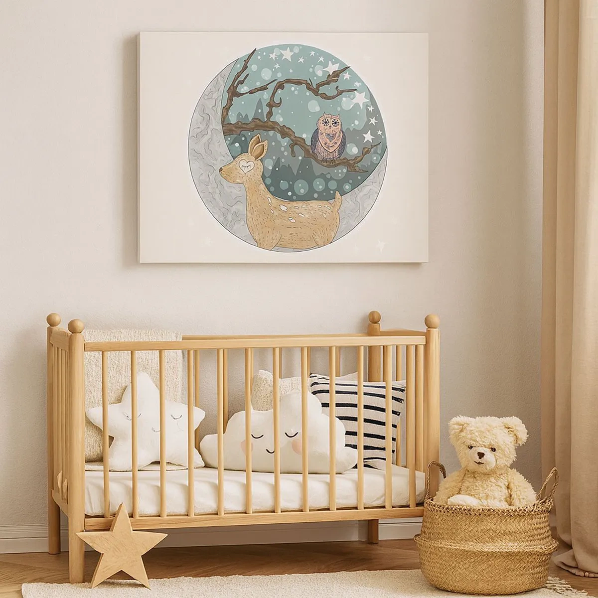 Bild auf Leinwand - Leinwandbild - Ein Reh und eine Eule in einer märchenhaften Nachtlandschaft - 70x50cm - Eine märchenhafte Waldnacht - Moderne Wanddekoration für Wohnzimmer und Schlafzimmer ARTTOR