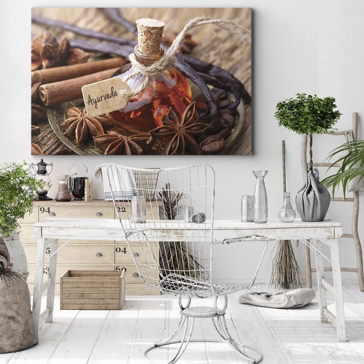 Bild auf Leinwand - Leinwandbild - Eine Flasche Gewürzöl auf einem Tablett - 120x80cm - Zur Einheit von Körper und Geist - Moderne Wanddekoration für Wohnzimmer und Schlafzimmer ARTTOR