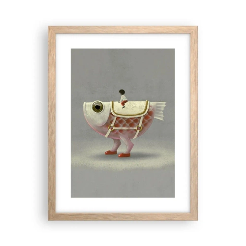 Poster in einem Rahmen aus heller Eiche - Reiter auf einem surrealen Fisch - 30x40 cm