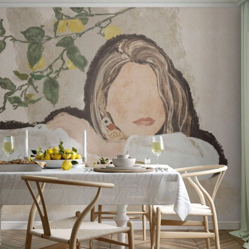 Selbstklebende Fototapete Deluxe Sticker - Südländische Schönheit - Frau, Zitronen, Minimalismus - 100x70 cm
