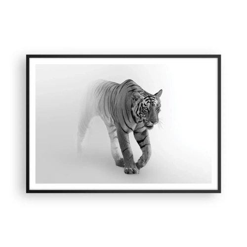 Poster in einem schwarzem Rahmen - Ein Tiger taucht aus dem Nebel auf - 100x70cm - Im Nebel gelauert - Moderne Wanddekoration für Wohnzimmer und Schlafzimmer ARTTOR