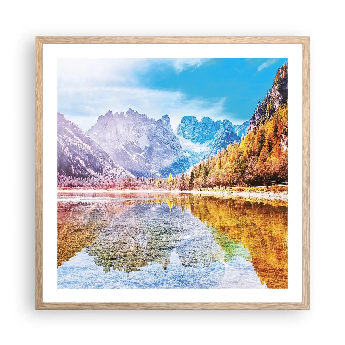 Poster in einem Rahmen aus heller Eiche - Und in den Bergen ist es schon Herbst - 60x60 cm