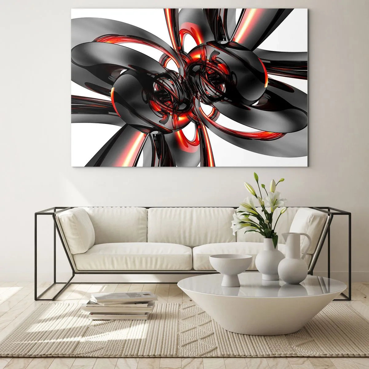 Glasbild - Bild auf glas - Moderne Abstraktion in Schwarz und Rot - 70x50cm - Uhrwerk in Graphit und Rot - Moderne Wanddekoration für Wohnzimmer und Schlafzimmer ARTTOR