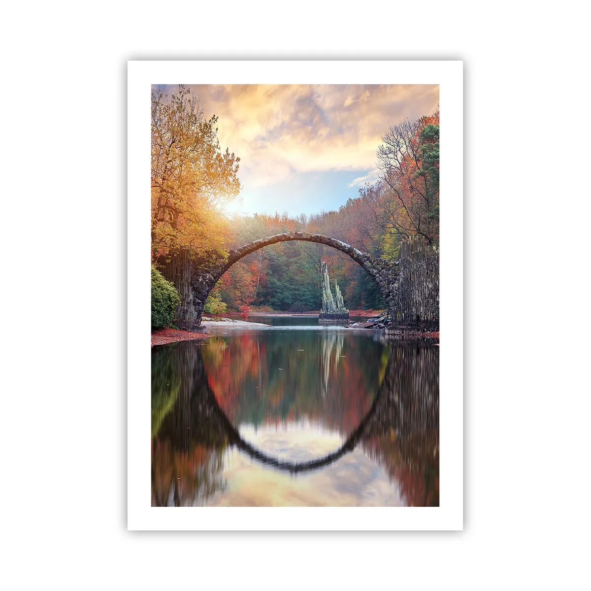 Poster - Eine Steinbrücke über einen See in einer Herbstlandschaft - 50x70cm - Auf der anderen Seite des Spiegels - Moderne Wanddekoration für Wohnzimmer und Schlafzimmer ARTTOR
