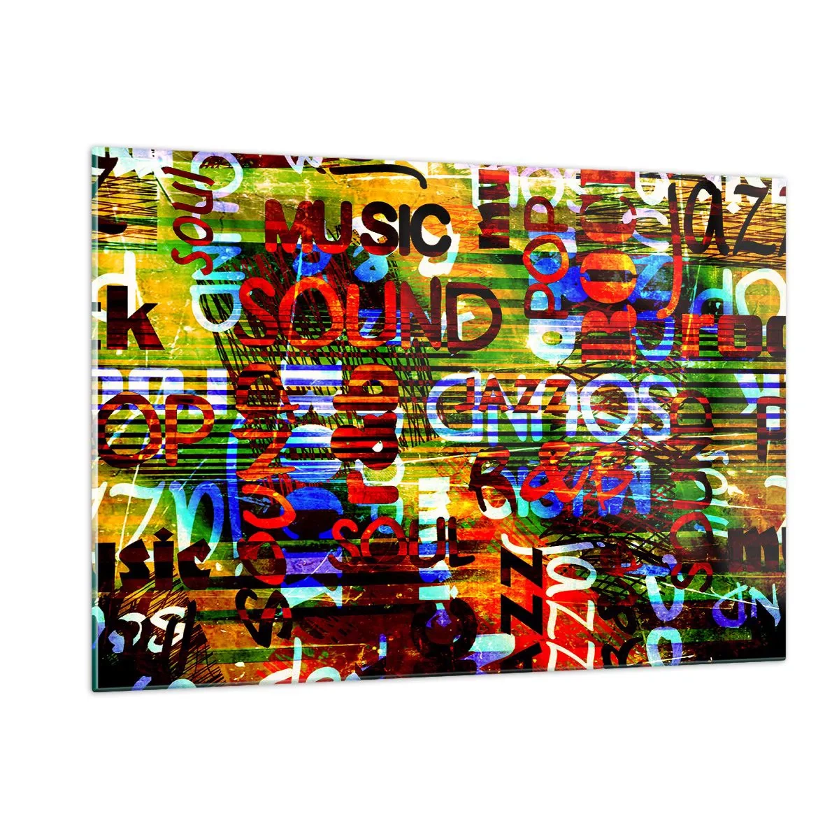 Glasbild - Bild auf glas - Bunte Inschriften auf einem künstlerischen Mosaikhintergrund - 120x80cm - Alle Farben des Klangs - Moderne Wanddekoration für Wohnzimmer und Schlafzimmer ARTTOR