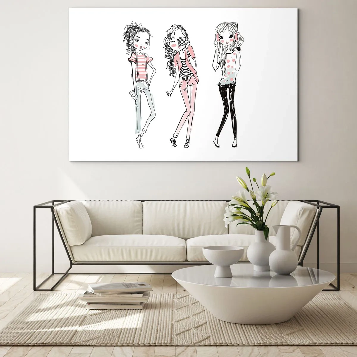 Glasbild - Bild auf glas - Drei stylische Mädchen in Pastellfarben - 100x70cm - Es wird, es wird Spaß machen - Moderne Wanddekoration für Wohnzimmer und Schlafzimmer ARTTOR