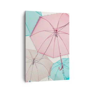 Bild auf Leinwand - Leinwandbild - Pastellfarbene Regenschirme vor einem hellen Himmel - 70x100cm - Mal Sonne, mal Regen - Moderne Wanddekoration für Wohnzimmer und Schlafzimmer ARTTOR