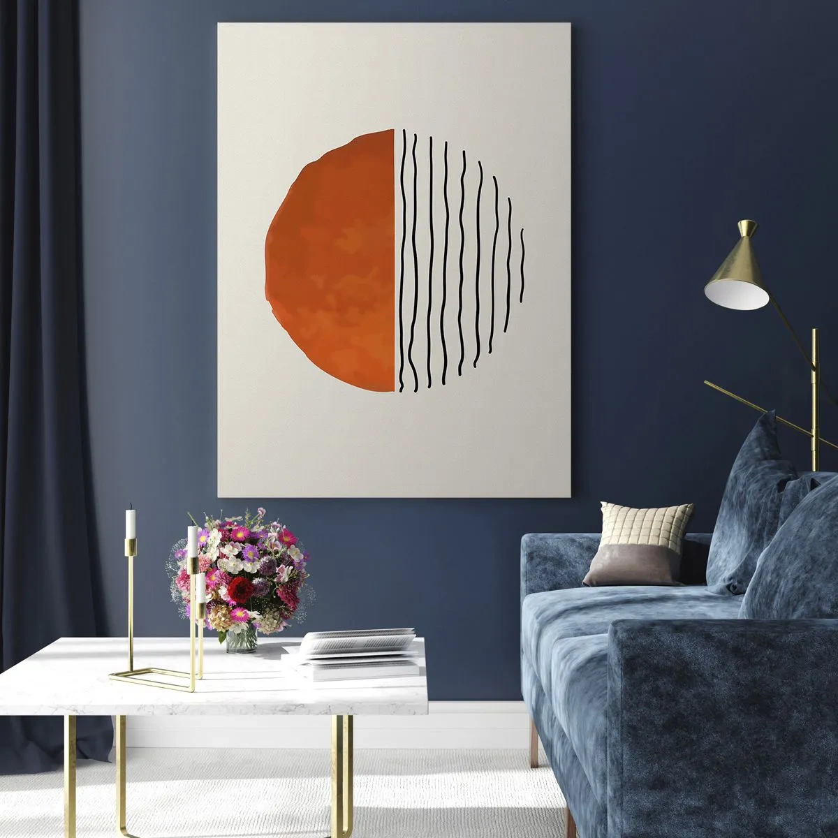 Glasbild - Bild auf glas - Ein minimalistischer Sonnenuntergang über wellenartigen Linien - 70x100cm - Im japanischen Klima - Moderne Wanddekoration für Wohnzimmer und Schlafzimmer ARTTOR