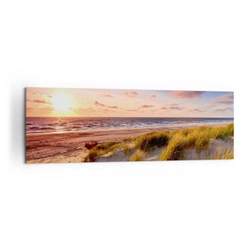 Bild auf Leinwand - Leinwandbild - Ein grasbewachsener Strand und ein Sonnenuntergang über einem ruhigen Meer - 160x50cm - Die Luft riecht schon im Sommer - Moderne Wanddekoration für Wohnzimmer und Schlafzimmer ARTTOR