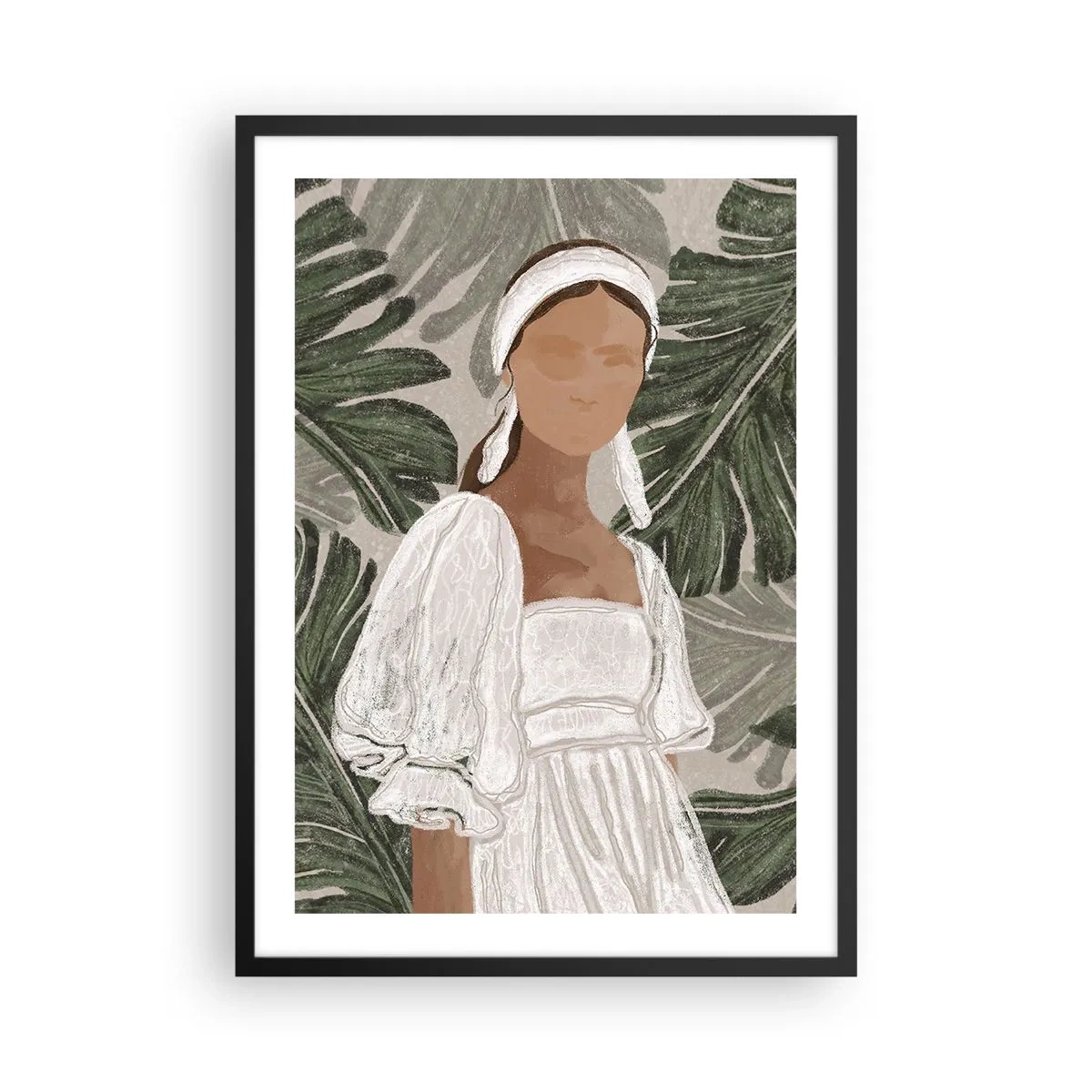 Poster in einem schwarzem Rahmen - Eine Frau in einem weißen Kleid vor einem Hintergrund aus grünen Blättern - 50x70cm - Exotisches Porträt - Moderne Wanddekoration für Wohnzimmer und Schlafzimmer ARTTOR