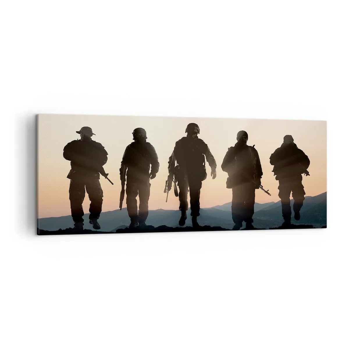 Bild auf Leinwand - Leinwandbild - Silhouetten von Soldaten und Kampfjets vor dem Hintergrund des Sonnenuntergangs - 140x50cm - Willkommen in unserer Welt - Moderne Wanddekoration für Wohnzimmer und Schlafzimmer ARTTOR