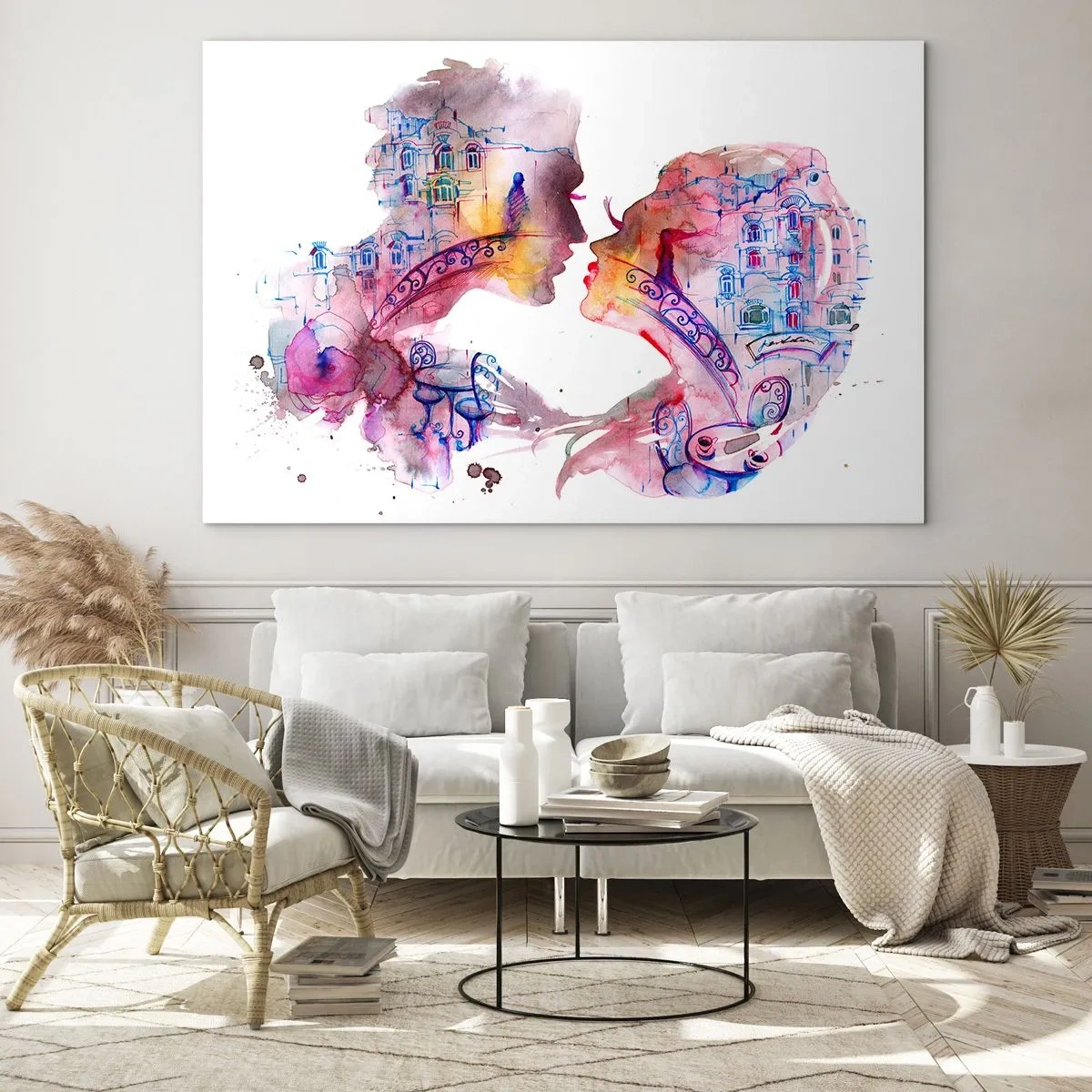 Glasbild - Bild auf glas - Illustration eines abstrakten Porträts zweier Menschen in Form eines Herzens - 70x50cm - Die geheime Seufzerbrücke - Moderne Wanddekoration für Wohnzimmer und Schlafzimmer ARTTOR