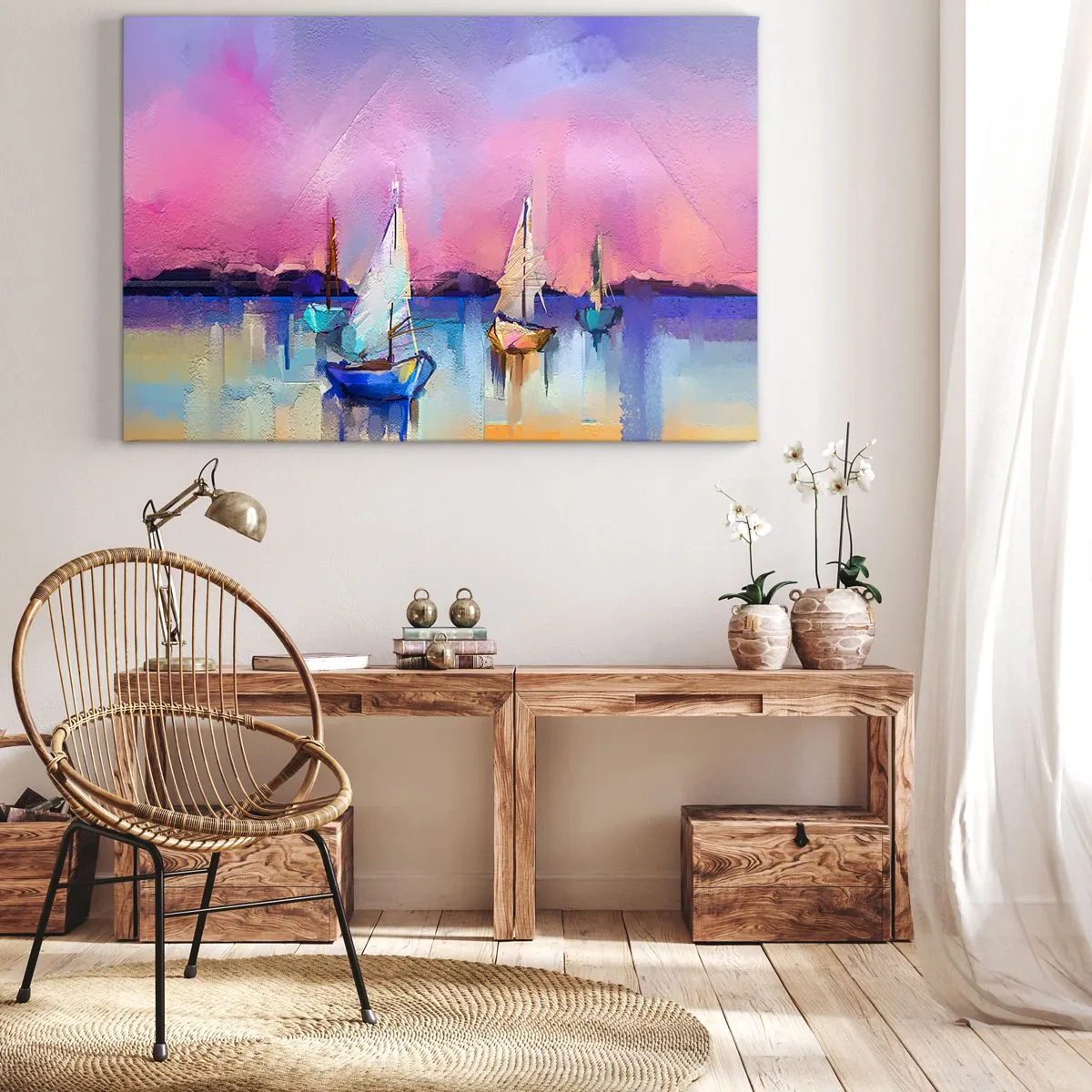 Bild auf Leinwand - Leinwandbild - Segelboote auf ruhigem Meer in den Pastellfarben des Sonnenuntergangs - 70x50cm - Richtung: breites Wasser - Moderne Wanddekoration für Wohnzimmer und Schlafzimmer ARTTOR