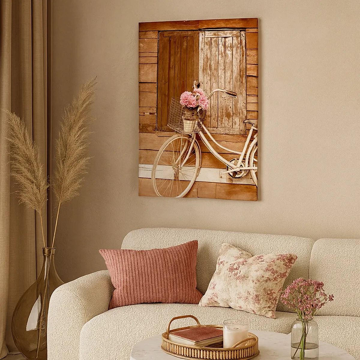 Bild auf Leinwand - Leinwandbild - Ein Fahrrad mit einem Korb voller Rosen vor einer Holzwand - 50x70cm - Ich komme gleich wieder - Moderne Wanddekoration für Wohnzimmer und Schlafzimmer ARTTOR