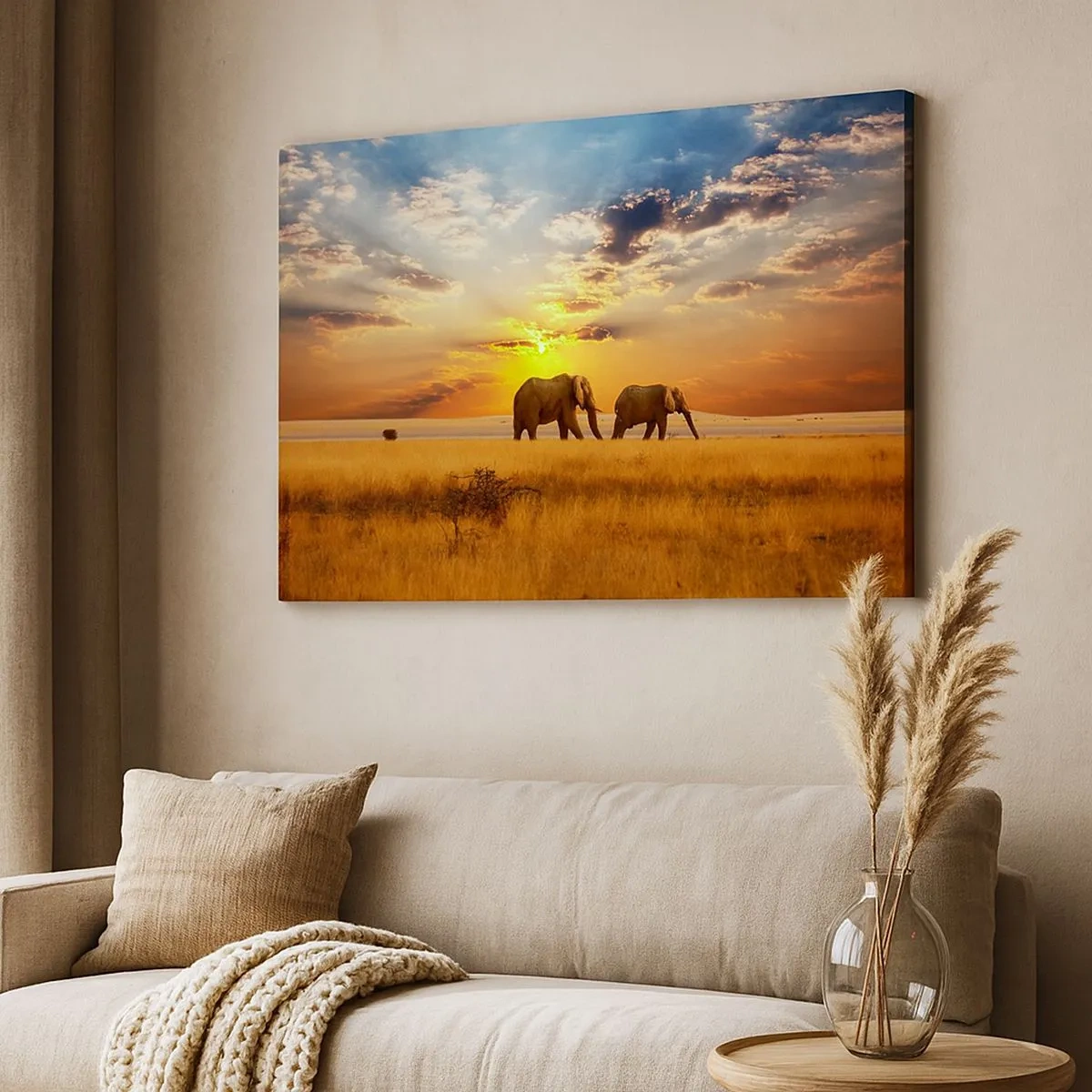 Bild auf Leinwand - Leinwandbild - Elefanten in der Savanne bei Sonnenuntergang - 70x50cm - Familienspaziergang - Moderne Wanddekoration für Wohnzimmer und Schlafzimmer ARTTOR