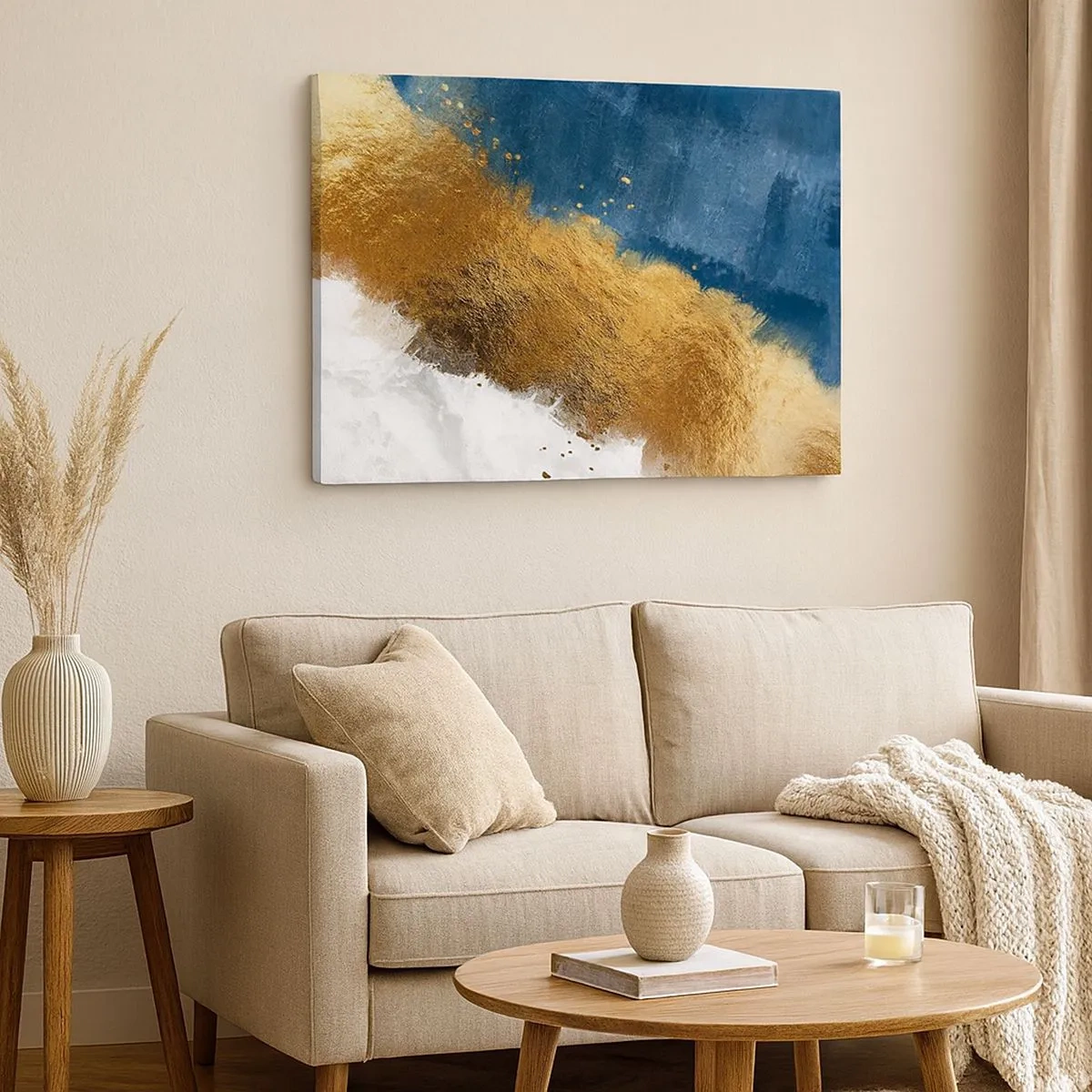 Bild auf Leinwand - Leinwandbild - Eine abstrakte Komposition in Gold-, Blau- und Weißtönen. - 70x50cm - Farben des Sommers - Moderne Wanddekoration für Wohnzimmer und Schlafzimmer ARTTOR