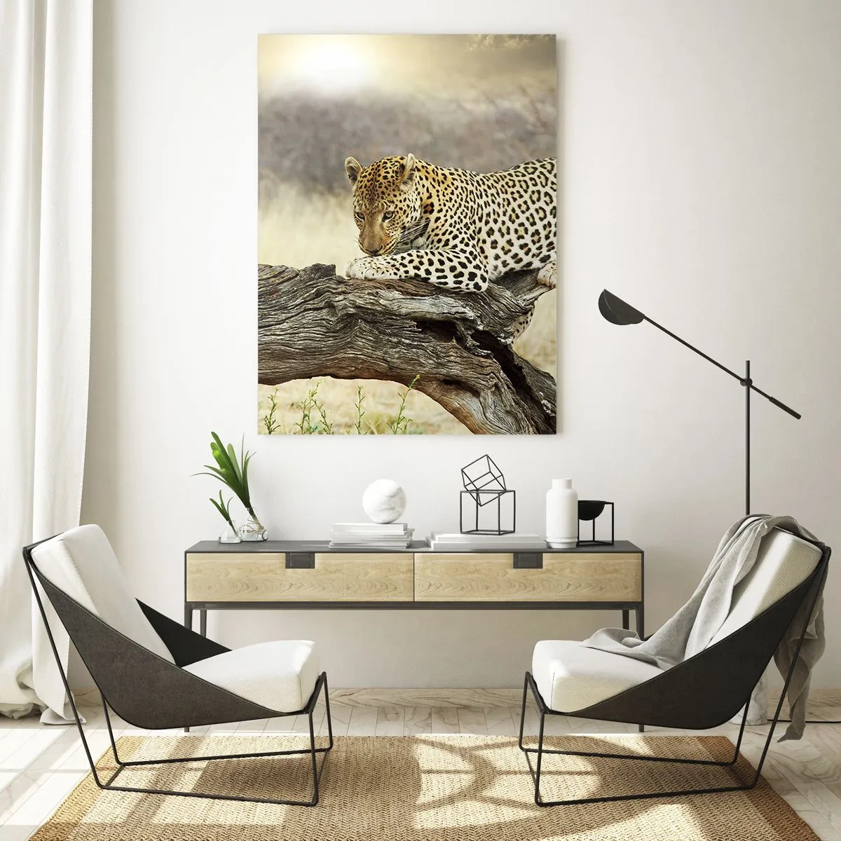 Glasbild - Bild auf glas - Ein Leopard ruht auf einem Baumstamm in der Savanne - 70x100cm - Ich gehe meine eigenen Wege - Moderne Wanddekoration für Wohnzimmer und Schlafzimmer ARTTOR
