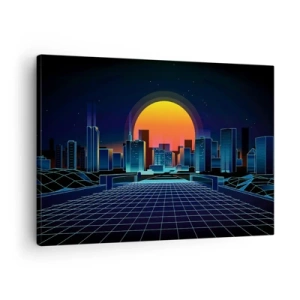 Bild auf Leinwand - Leinwandbild - Futuristische Skyline im Neon-Stil - 70x50cm - Willst du immer noch zu Real gehen? - Moderne Wanddekoration für Wohnzimmer und Schlafzimmer ARTTOR