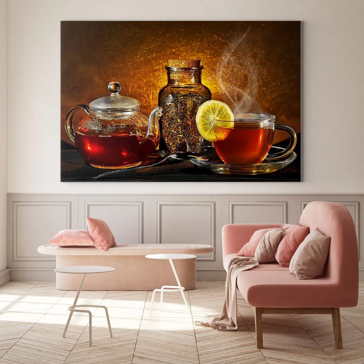 Glasbild - Bild auf glas - Eine Teekanne aus Glas und eine Tasse Tee mit Zitrone - 100x70cm - Im Stil der niederländischen Meister - Moderne Wanddekoration für Wohnzimmer und Schlafzimmer ARTTOR