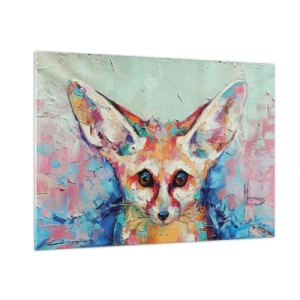 Glasbild - Bild auf glas - Farbenfrohes Porträt eines Fuchses mit ausdrucksstarken Augen und kräftigen Pinselstrichen - 100x70cm - Bist du bereit für mich? - Moderne Wanddekoration für Wohnzimmer und Schlafzimmer ARTTOR