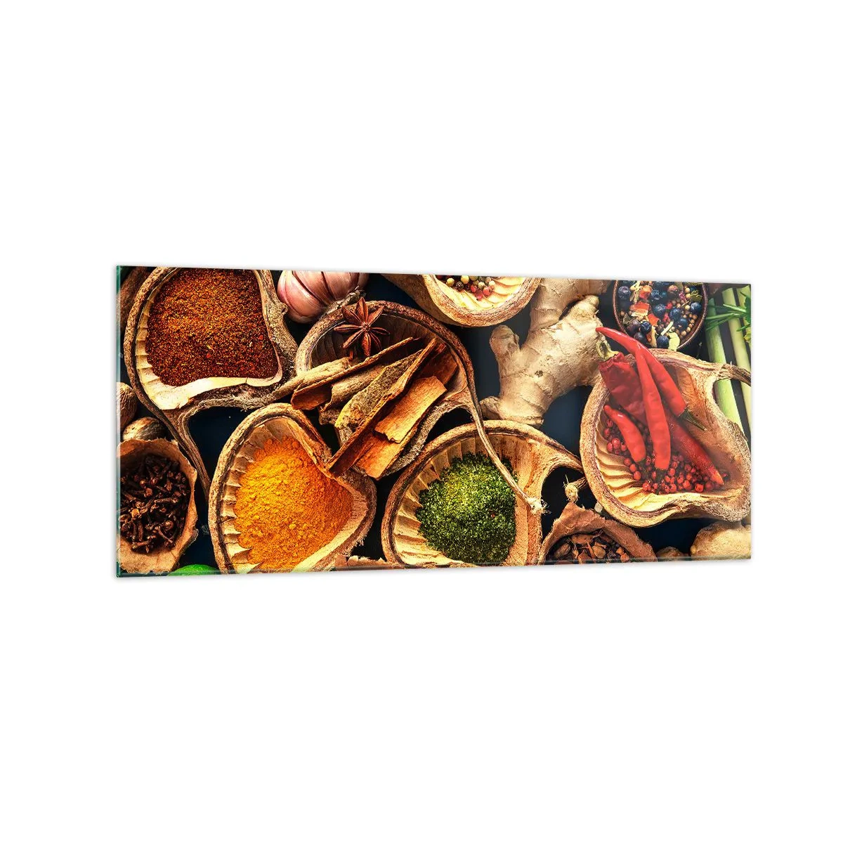 Glasbild - Bild auf glas - Schalen mit Gewürzen in verschiedenen Farben - 120x50cm - Nimm was du willst - Moderne Wanddekoration für Wohnzimmer und Schlafzimmer ARTTOR