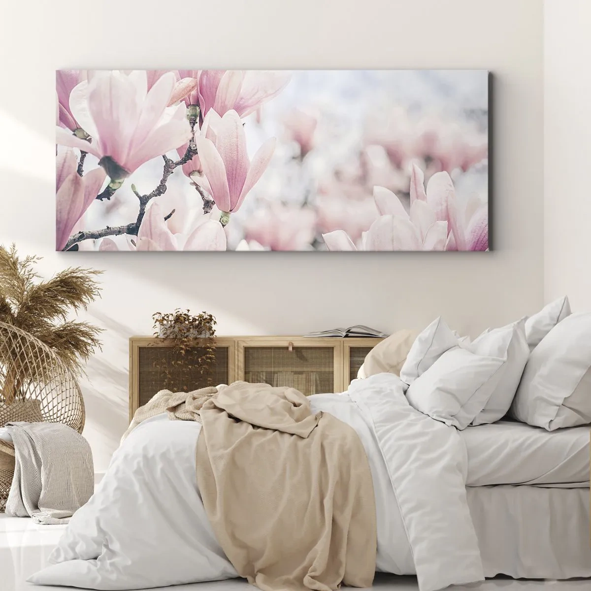 Bild auf Leinwand - Leinwandbild - Dezente Magnolienblüten in zarten Rosatönen - 140x50cm - Das Ideal der Subtilität - Moderne Wanddekoration für Wohnzimmer und Schlafzimmer ARTTOR