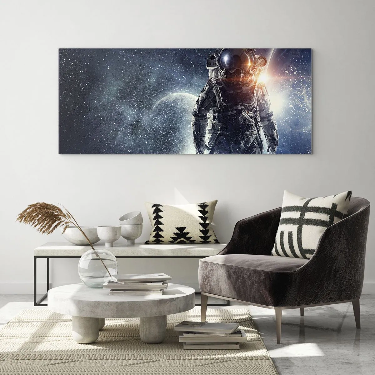 Glasbild - Bild auf glas - Astronaut vor dem Hintergrund des Weltraums und des Planeten Erde - 120x50cm - Weltraumabenteuer - Moderne Wanddekoration für Wohnzimmer und Schlafzimmer ARTTOR