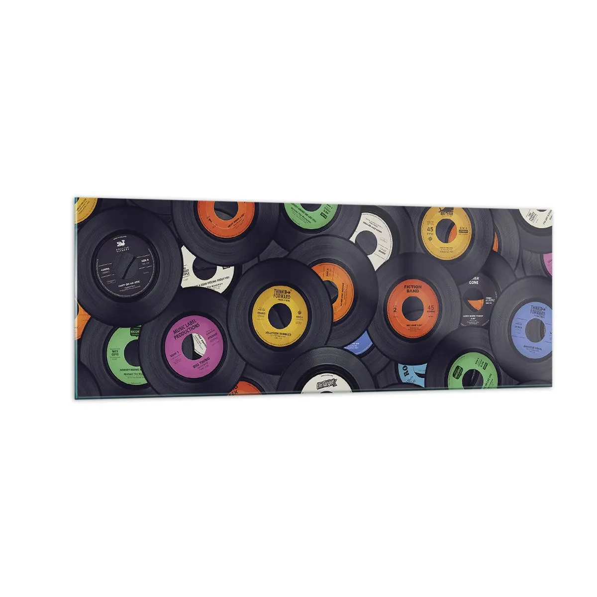 Glasbild - Bild auf glas - Bunte Vinyls übereinander gestapelt - 140x50cm - Farben der Klassiker - Moderne Wanddekoration für Wohnzimmer und Schlafzimmer ARTTOR