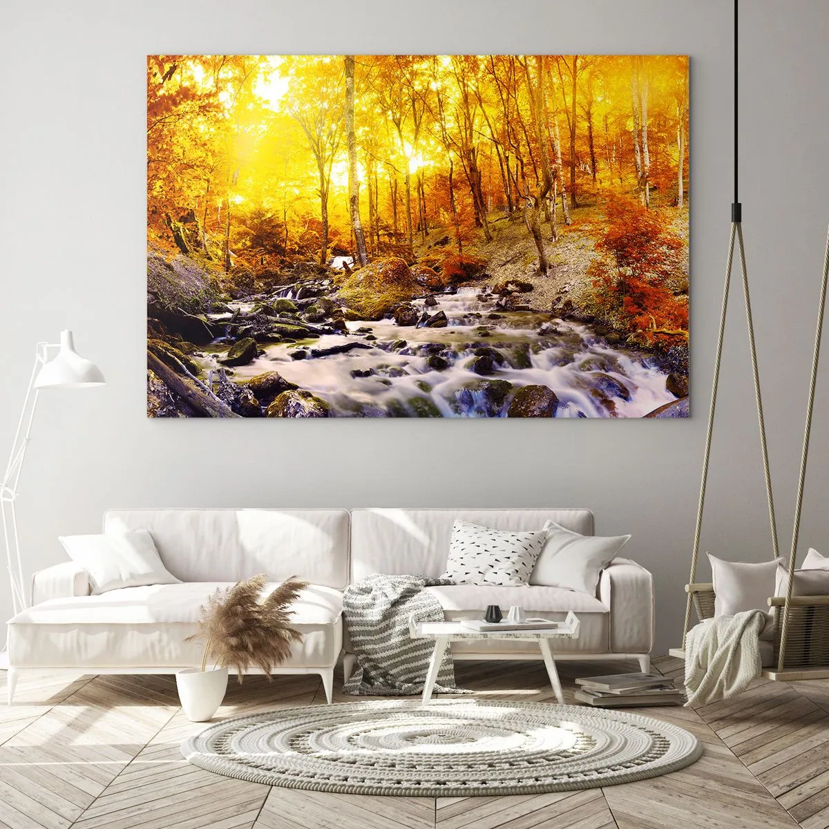 Glasbild - Bild auf glas - Herbstwald mit einem Fluss in den Strahlen des warmen Lichts - 100x70cm - In Gold und Platin gefasste Steine - Moderne Wanddekoration für Wohnzimmer und Schlafzimmer ARTTOR