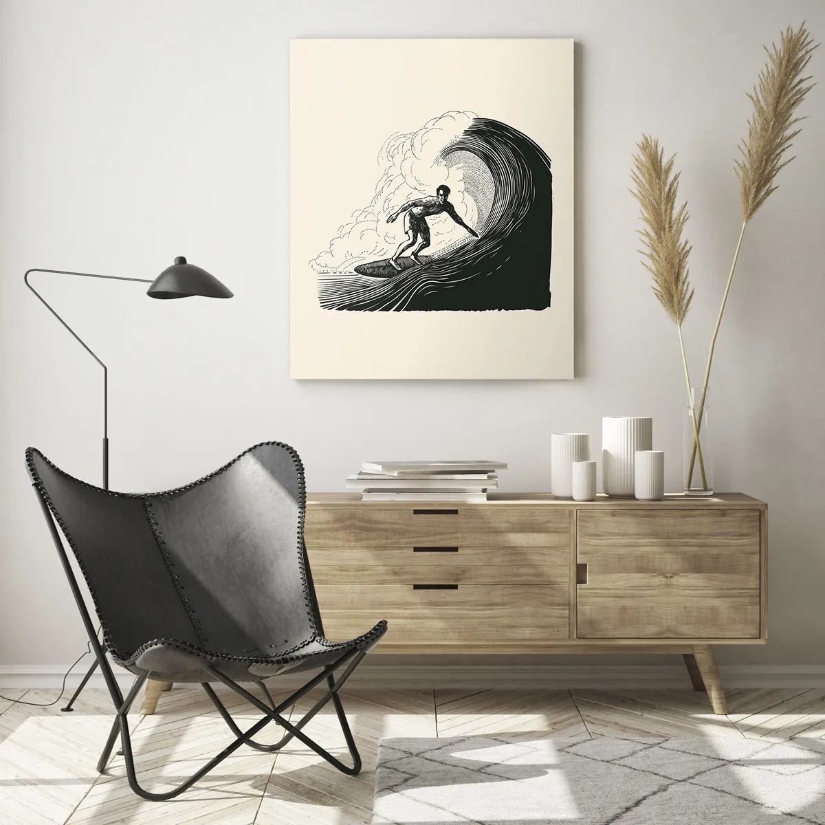 Glasbild - Bild auf glas - Schwarz-Weiß-Grafik eines Surfers, der auf einer Welle reitet - 80x120cm - König der Welle - Moderne Wanddekoration für Wohnzimmer und Schlafzimmer ARTTOR