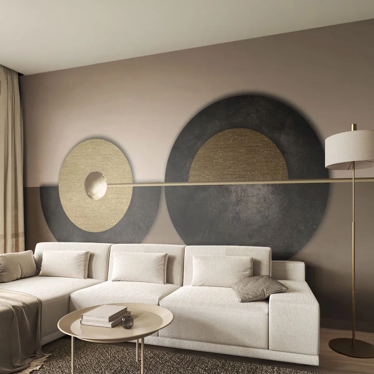 Fototapete Premium Sand - Geometrische Komposition aus Kreisen in Gold und Schwarz - 100x70cm - Variationen rund um den Kreis - Moderne Wanddekoration für Wohnzimmer und Schlafzimmer ARTTOR