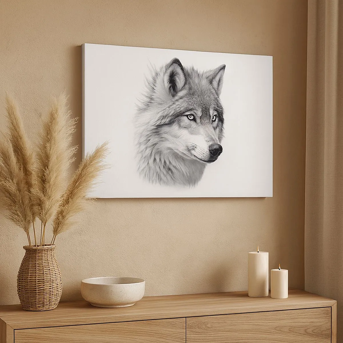 Bild auf Leinwand - Leinwandbild - Ein realistisches Porträt eines Wolfes in Grautönen. - 70x50cm - Alpha – ohne Zweifel - Moderne Wanddekoration für Wohnzimmer und Schlafzimmer ARTTOR