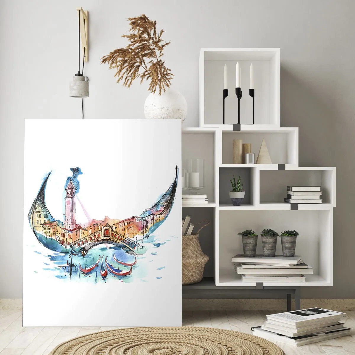 Glasbild - Bild auf glas - Eine Aquarellkomposition von Venedig in Form einer Gondel - 80x120cm - Wir segeln durch die Stadt - Moderne Wanddekoration für Wohnzimmer und Schlafzimmer ARTTOR