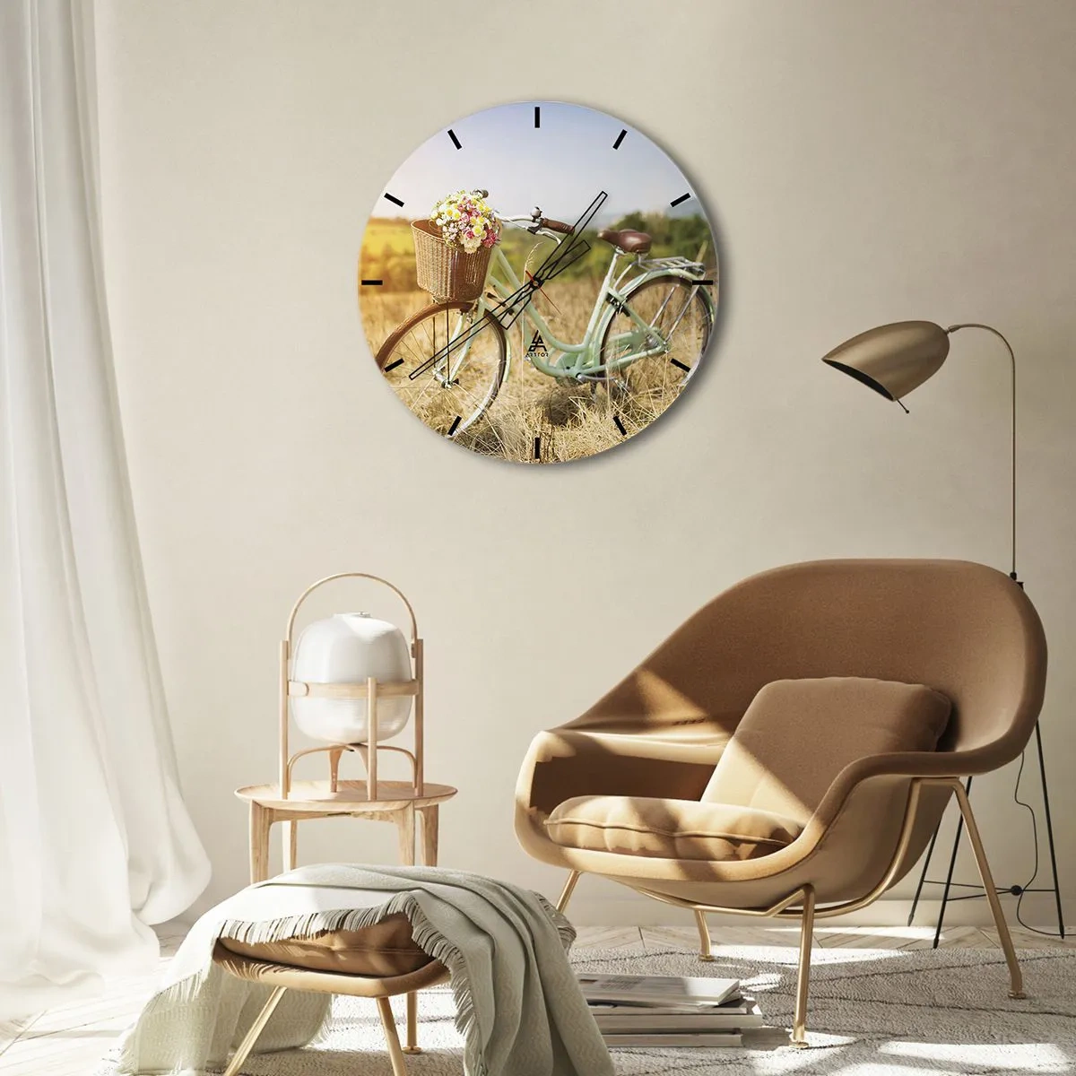Wanduhr - Glasuhr - Ein Fahrrad mit einem Korb voller Blumen auf einem Feld an einem sonnigen Tag - 30x30cm - Ich bleibe eine Weile hier - Moderne Wanddekoration für Wohnzimmer, Küche und Schlafzimmer ARTTOR