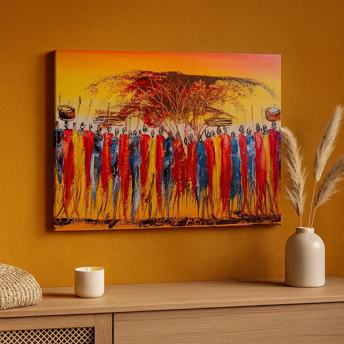 Bild auf Leinwand - Leinwandbild - Eine farbenfrohe Szene mit afrikanischen Figuren vor dem Hintergrund der untergehenden Sonne. - 70x50cm - Dort, dort, dort gehen sie - Moderne Wanddekoration für Wohnzimmer und Schlafzimmer ARTTOR