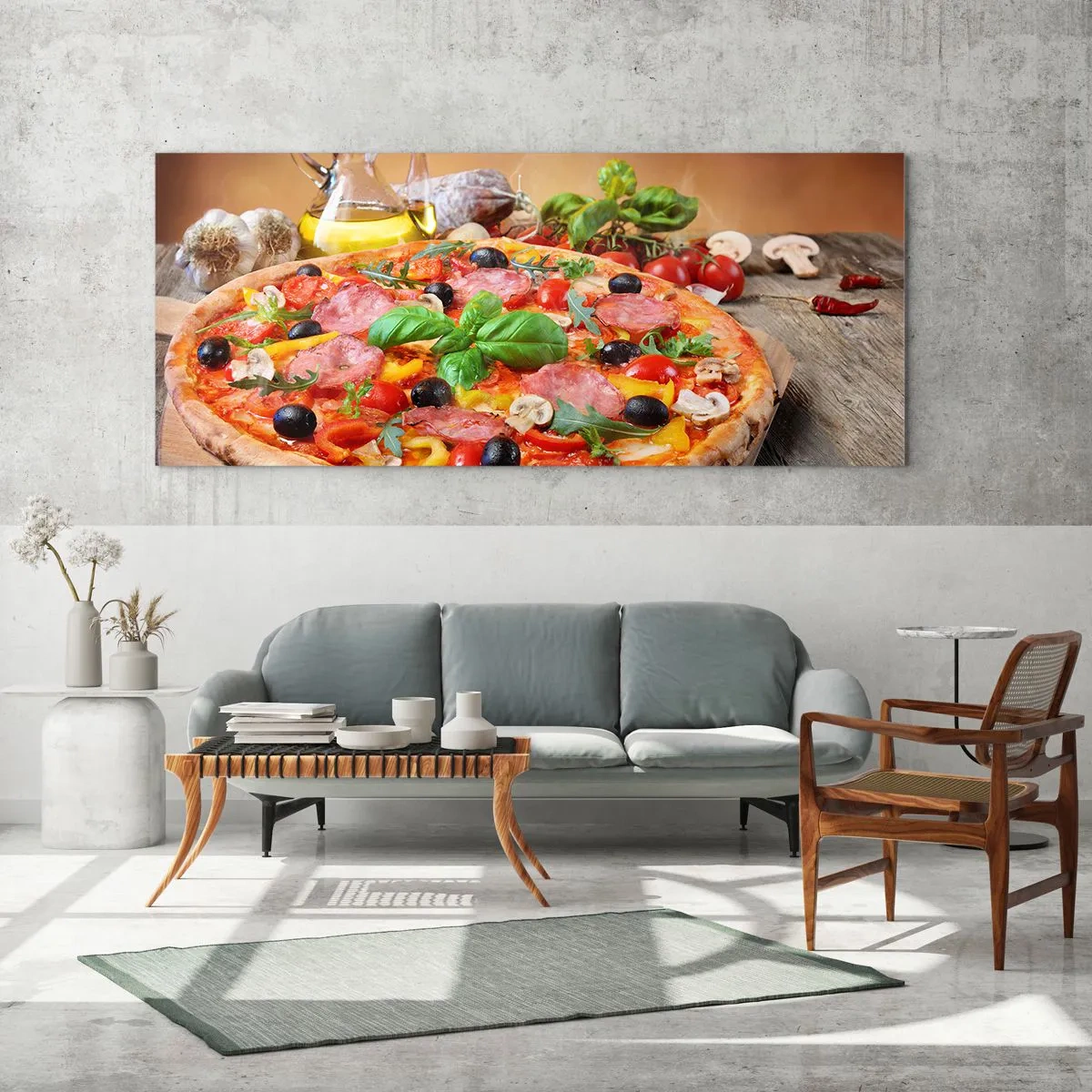 Glasbild - Bild auf glas - Appetitliche Pizza auf einem Holztisch mit Belag - 140x50cm - Mit echtem italienischem Flair - Moderne Wanddekoration für Wohnzimmer und Schlafzimmer ARTTOR