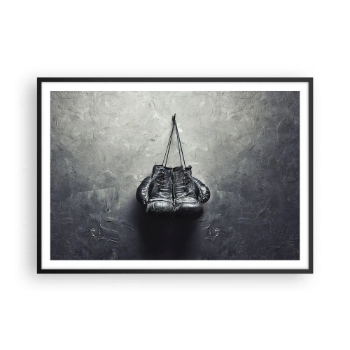 Poster in einem schwarzem Rahmen - Alte Boxhandschuhe an der Wand - 100x70cm - Zeit des Kampfes und Zeit des Friedens - Moderne Wanddekoration für Wohnzimmer und Schlafzimmer ARTTOR