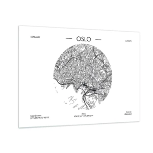 Glasbild - Bild auf glas - Oslo-Stadtplan im Schwarz-Weiß-Grafikstil - 70x50cm - Anatomie von Oslo - Moderne Wanddekoration für Wohnzimmer und Schlafzimmer ARTTOR