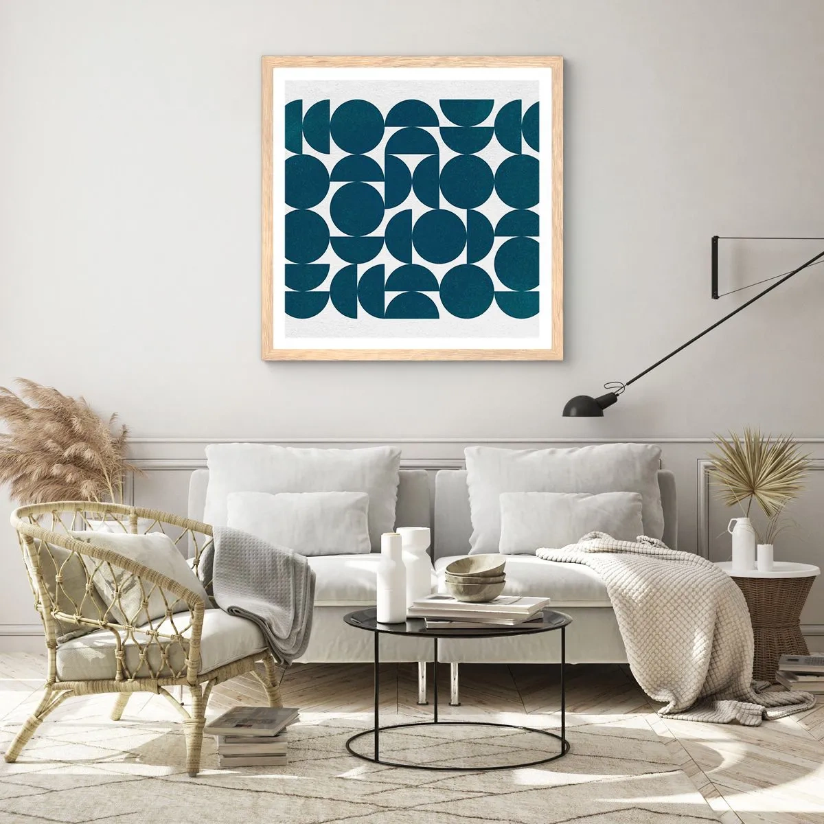 Poster in einem Rahmen aus heller Eiche - Kreise und Halbkreise - 60x60 cm