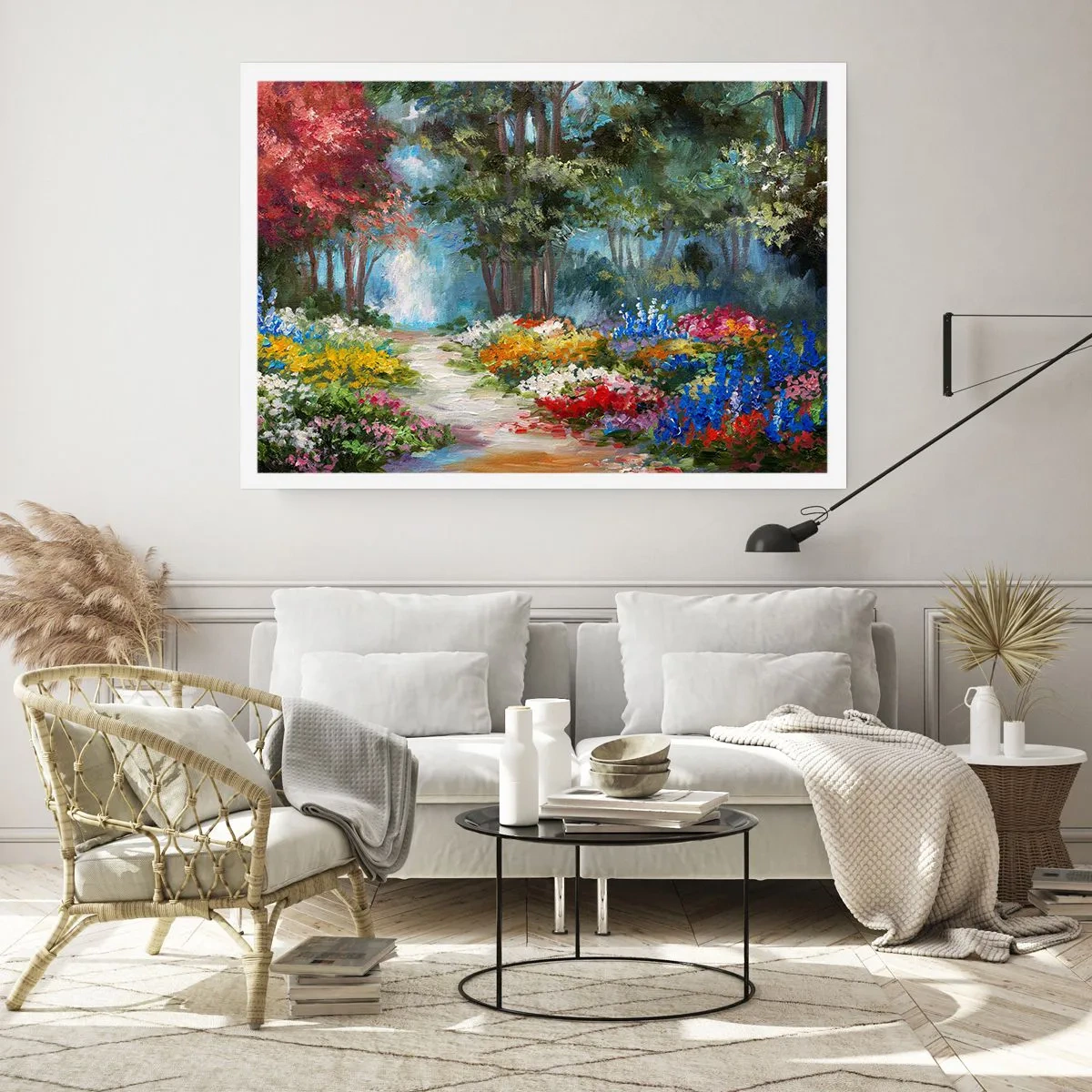 Poster - Ein malerischer Garten voller bunter Blumen und Bäume in einer Waldumgebung - 100x70cm - Waldgarten, Blumenwald - Moderne Wanddekoration für Wohnzimmer und Schlafzimmer ARTTOR