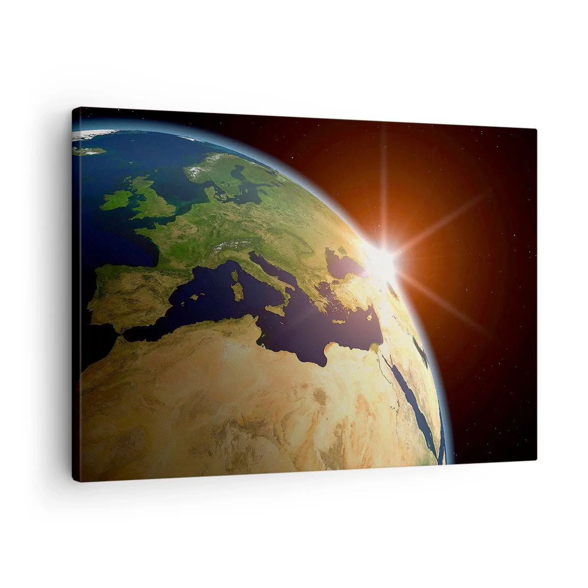 Bild auf Leinwand - Leinwandbild - Blick auf die Erde aus dem Weltraum mit Sonnenstrahlen am Horizont - 70x50cm - Sonnenaufgang - Moderne Wanddekoration für Wohnzimmer und Schlafzimmer ARTTOR
