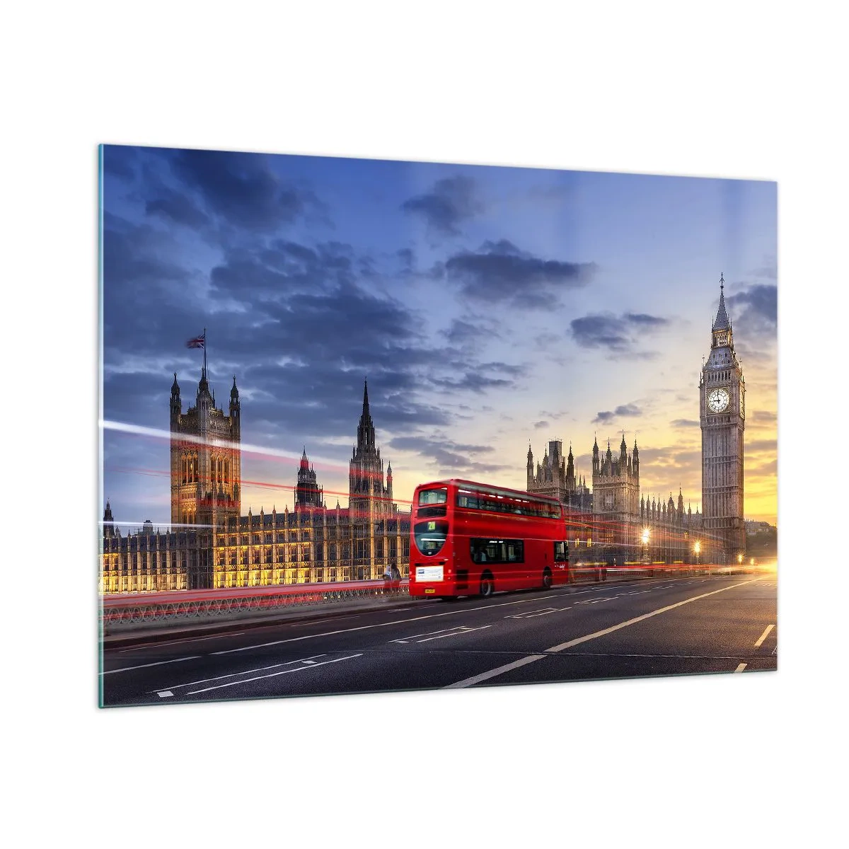 Glasbild - Bild auf glas - Big Ben und der Red Bus in London bei Sonnenuntergang - 100x70cm - Spezielle Charaktere - Moderne Wanddekoration für Wohnzimmer und Schlafzimmer ARTTOR