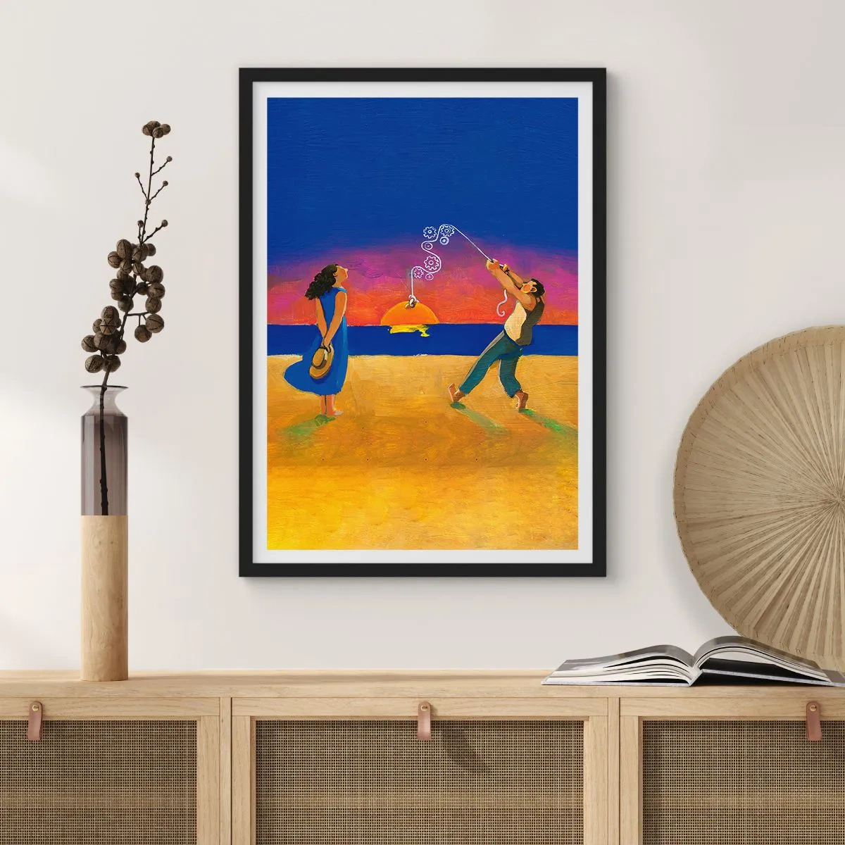 Poster in einem schwarzem Rahmen - Figuren am Strand bei Sonnenuntergang - 50x70cm - Mehr als ein Sternchen vom Himmel - Moderne Wanddekoration für Wohnzimmer und Schlafzimmer ARTTOR