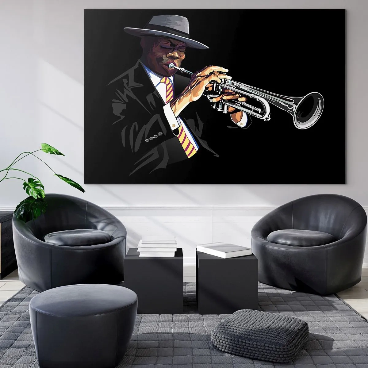 Glasbild - Bild auf glas - Ein schwarzer Musiker mit Trompete und Hut auf schwarzem Hintergrund - 100x70cm - Charme der alten Schule - Moderne Wanddekoration für Wohnzimmer und Schlafzimmer ARTTOR