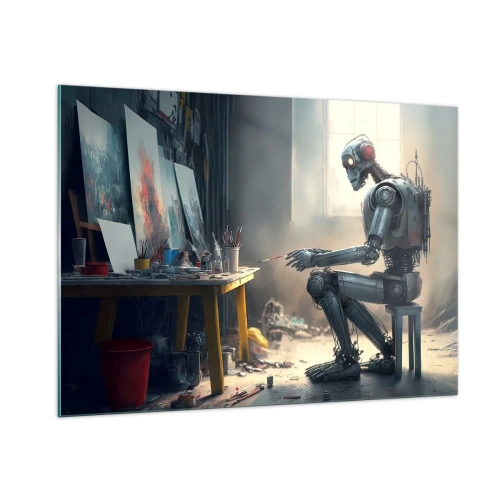 Glasbild - Bild auf glas - Ein Roboter, der in einem Kunstatelier Bilder malt - 100x70cm - Schöpfungsakt - Moderne Wanddekoration für Wohnzimmer und Schlafzimmer ARTTOR