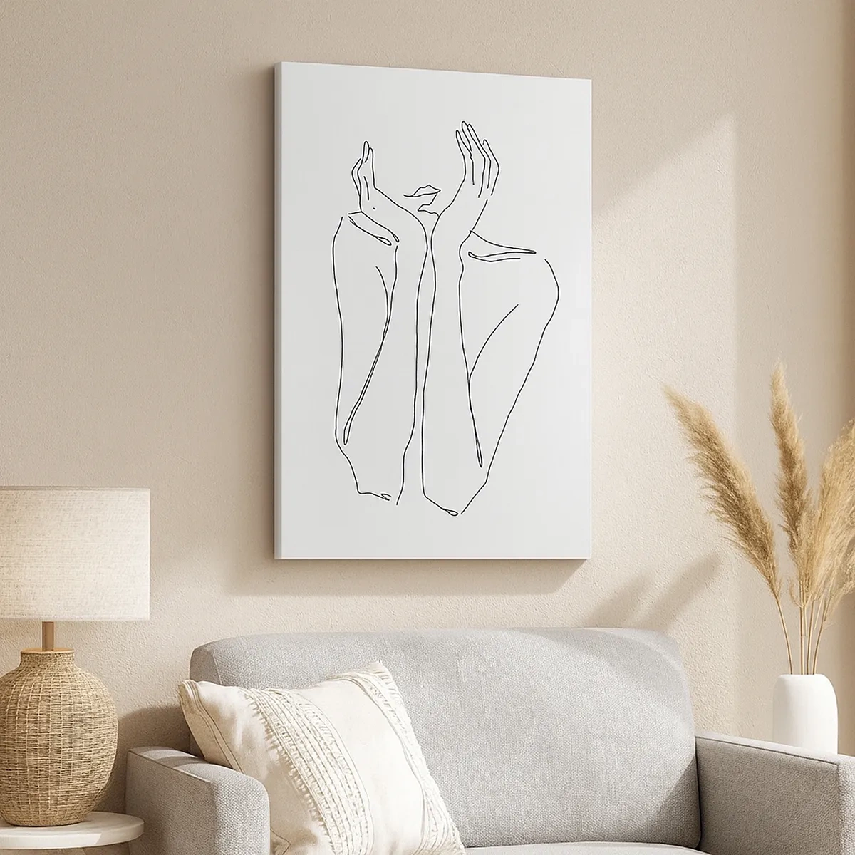 Bild auf Leinwand - Leinwandbild - Minimalistische Strichzeichnung von Gesicht und Händen - 50x70cm - Wovon Mädchen träumen - Moderne Wanddekoration für Wohnzimmer und Schlafzimmer ARTTOR