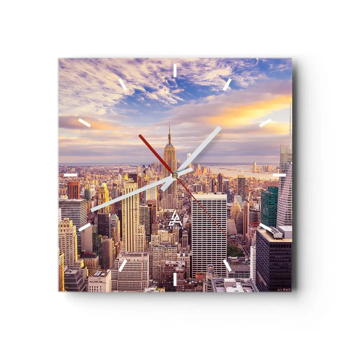 Wanduhr - Glasuhr - Panorama einer modernen Stadt mit Wolkenkratzern bei Sonnenuntergang - 30x30cm - Nur nach den Wolken greifen - Moderne Wanddekoration für Wohnzimmer und Schlafzimmer ARTTOR