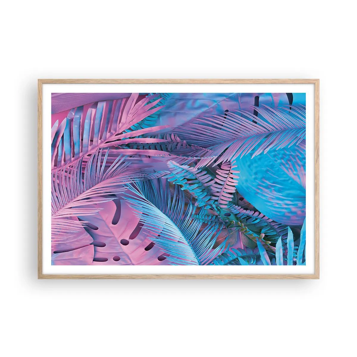 Poster in einem Rahmen aus heller Eiche - Tropen in Rosa und Blau - 100x70 cm
