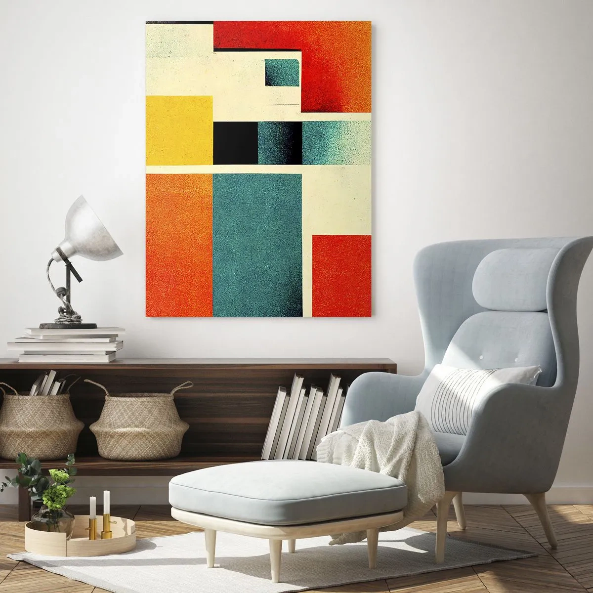 Glasbild - Bild auf glas - Bunte geometrische Rechtecke im Retro-Stil - 50x70cm - Geometrische Abstraktion – gute Energie - Moderne Wanddekoration für Wohnzimmer und Schlafzimmer ARTTOR